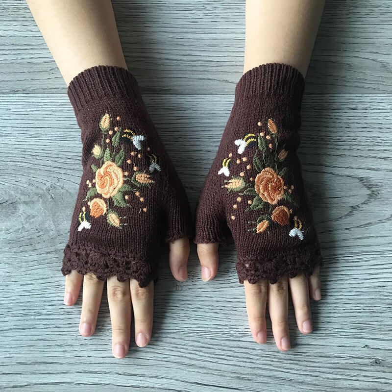 8 Colors Bee Flower Embroidery Knitted Half Finger Gloves Soft Warm Handmade Autumn Winter Outdoor Women Mittens One Size