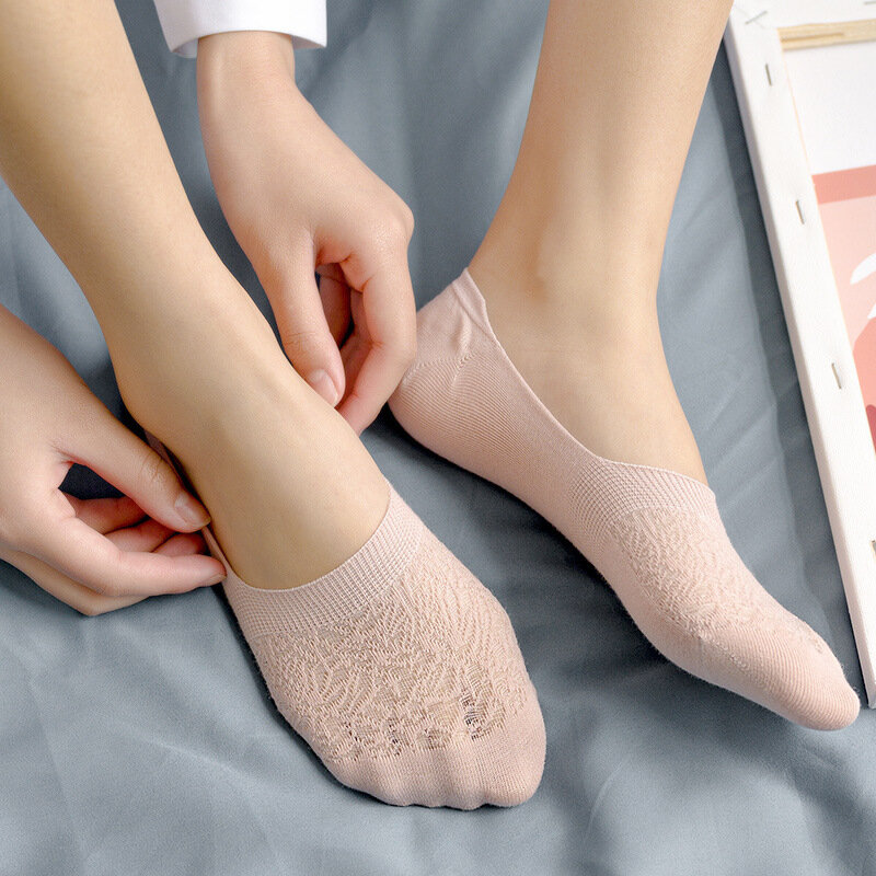 5 Pairs Summer Fashion Thin Women's Socks Silicone Non-slip Pure Color Cotton Short Tube Hollow Shallow Mesh Invisible Socks