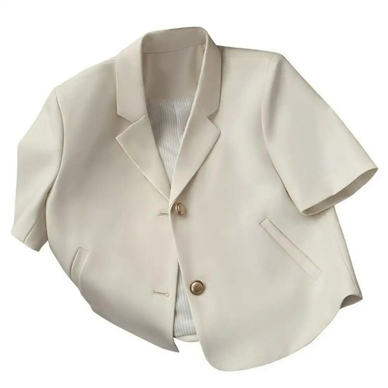 Jaqueta elegante feminina, mangas curtas, bolsos com fecho de botão duplo, leve, trabalho, digna de presente