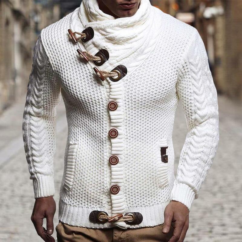 Sweater pria, baju hangat pria kancing klakson warna polos Slim Fit kardigan