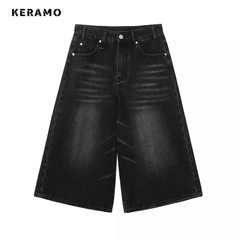 Shorts jeans largos estilo Y2K preto feminino, calça curta de perna larga, cintura alta, jeans até o joelho, lavagem escura, moda casual, feminino
