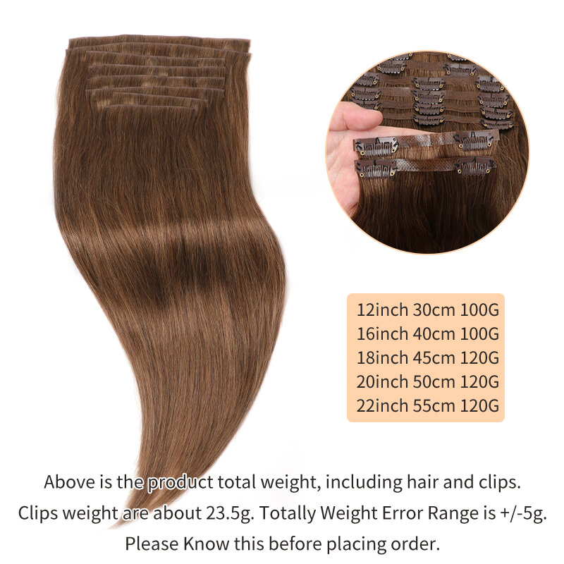 Fino e macio trama extensão do cabelo humano, clipe invisível na extensão do cabelo, injetado PU, trama, 8 pcs/set, 12-22in, 100G, 120G