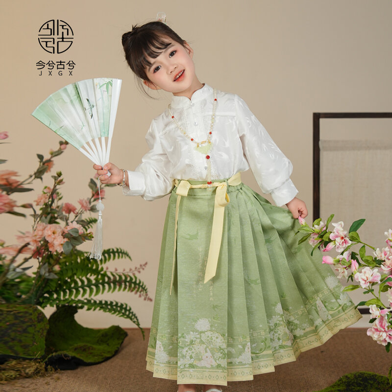 تنورة وجه حصان بناتي هانفو ، ياقة واقفة ، قميص محسن ، متعدد الاستخدامات للاستخدام اليومي ، طراز صيني قديم ، فستان ربيعي ،