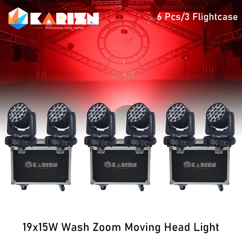 RGBW Moving Head Light, Lira Lavagem Zoom, Caso de Estrada, Stage Spot, 0 Imposto, 6Pcs, Dmx512, 19x15W