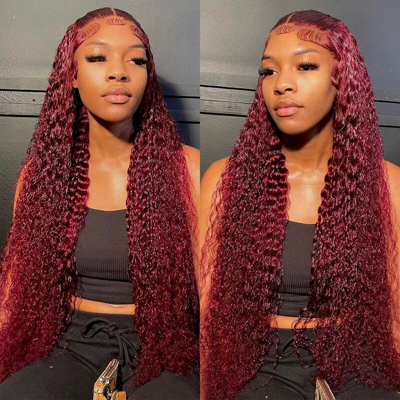 13x4 Red Colored Water Wave Wig Burgundy Lace Front Wig Glueless Curly Deep Wave 13x6 Hd Lace Frontal Wigs Human Hair For Women