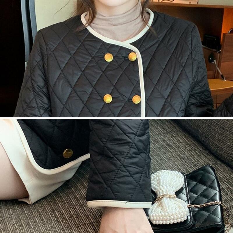Chaqueta acolchada con patrón de rombos para mujer, cárdigan de manga larga, abrigo cálido y suave, doble botonadura, Otoño e Invierno