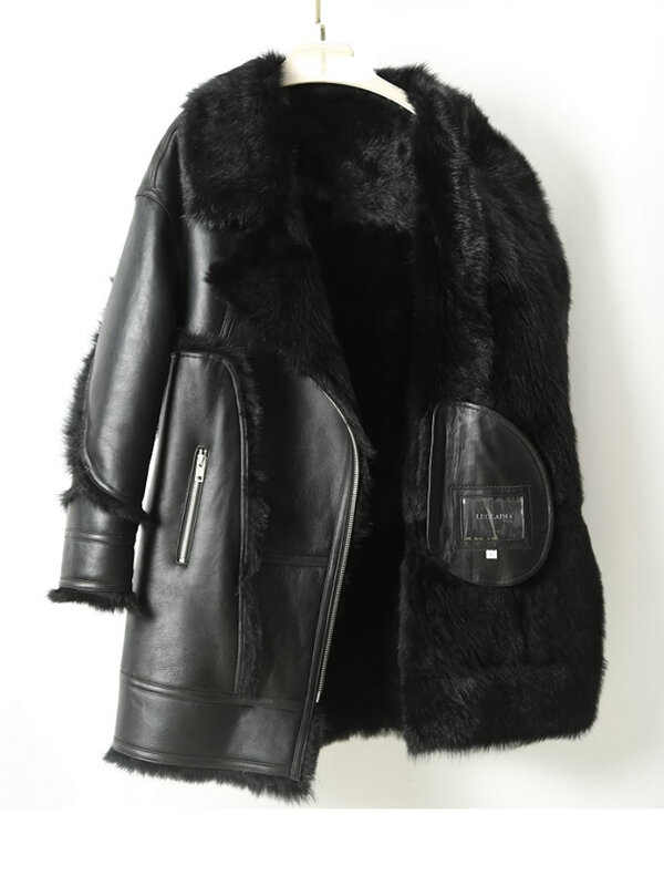 Jaket bulu domba bolak-balik wanita, Luaran ganda kulit asli mantel bulu asli musim dingin modis panjang untuk perempuan