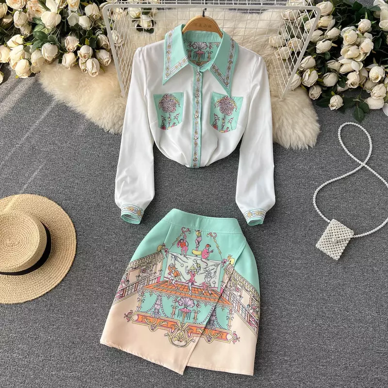 New Summer Sweet Two Piece Set Women Turn Down Neck Long Sleeve Floral Print Chiffon Shirt Top+Irregular Vintage Mini Skirt Suit