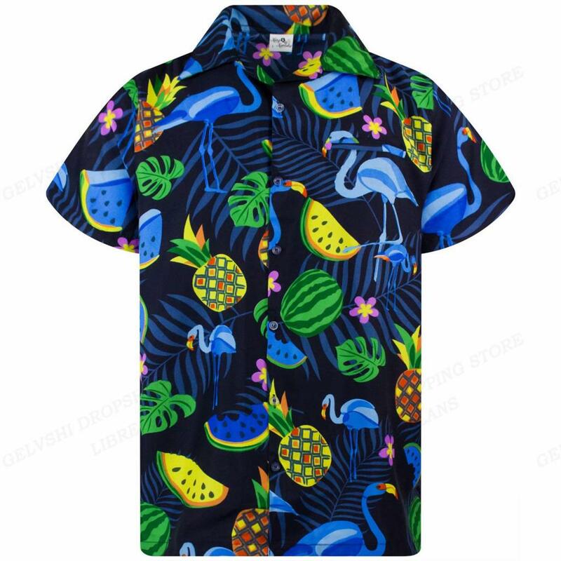 Гавайские рубашки с фламинго, Пляжная Летняя мужская рубашка, рубашки с 3D-принтом тропических листьев, мужская и женская модная блузка с коротким рукавом