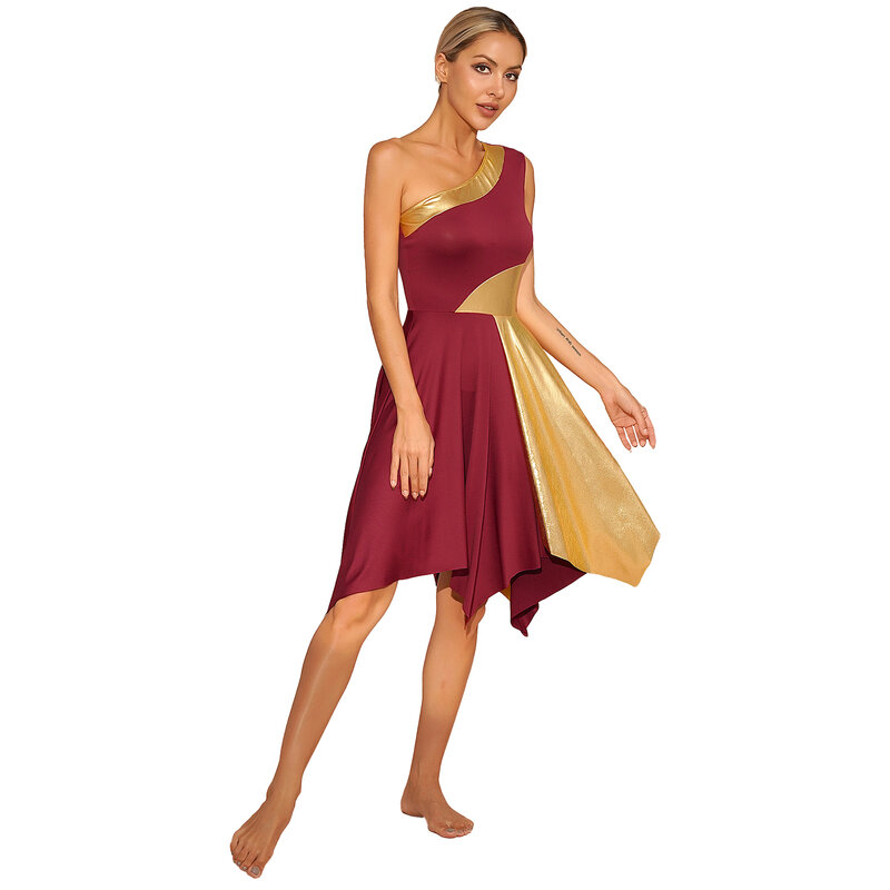 Женский современный Lyrical танцевальный костюм на одно плечо, без рукавов, похвальное, литарное платье, церковная поклонение, туника, танцевальная одежда