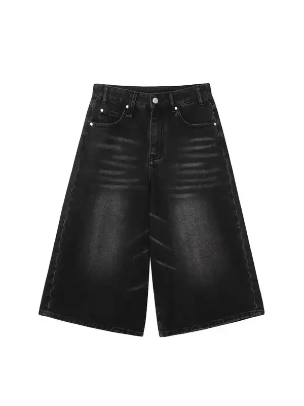 Acubi-Retro Low Rise Joggers para mulheres, lavagem preta escovada, jeans folgado cortado, jeans desfiado de perna larga, calças curtas, moda Y2K, 2024