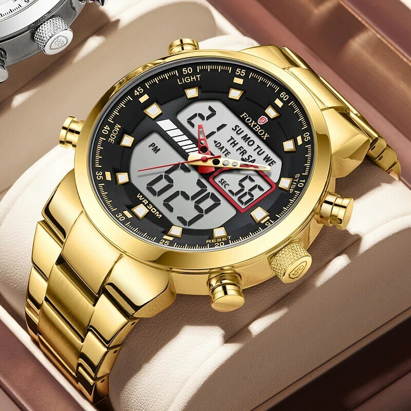 FOXBOX jam tangan kuarsa bercahaya pria, arloji merek Top mewah Stainless Steel olahraga konograf jam Relogio Masculino + kotak