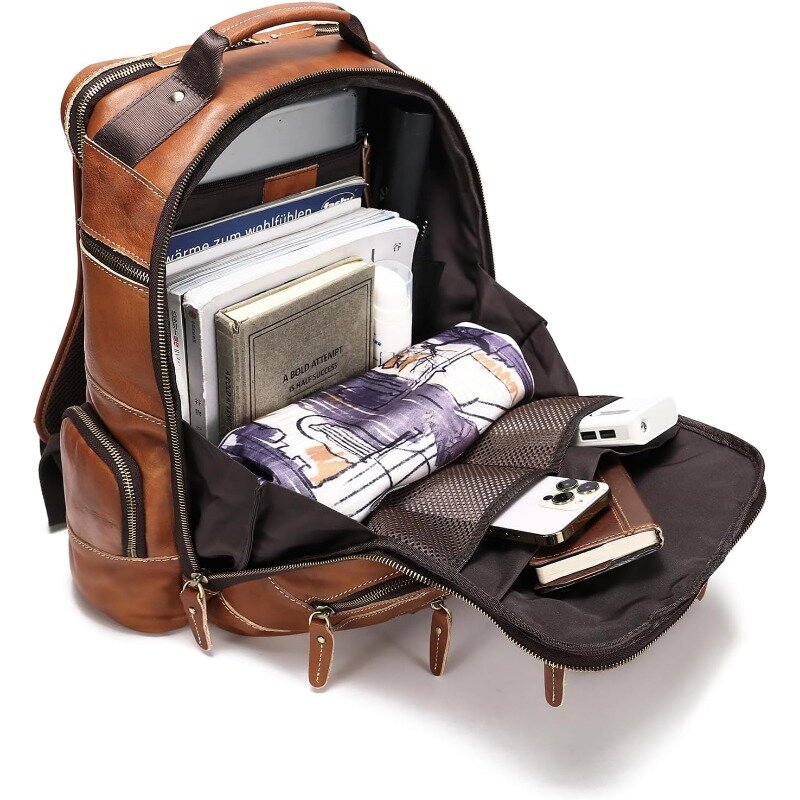 กระเป๋าสะพายหลังหนังแท้แท้สำหรับผู้ชาย15.6 "กระเป๋าเป้แล็ปท็อปแคมป์ปิ้งกระเป๋าเป้สะพายหลังเดินทาง24L