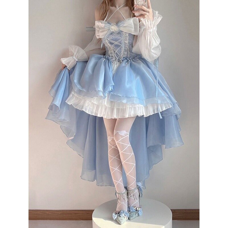W japońskim stylu Harajuku niebieska sukienka Lolita kokardka Princess koronki z falbankami dziewczynka urocza Lolita zestaw styl japoński modna Lolita garnitur