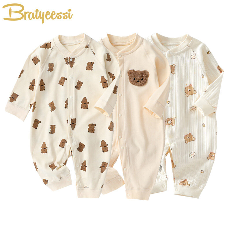 Muslin baju terusan bayi, Jumpsuit kartun beruang lengan panjang untuk anak laki-laki dan perempuan musim gugur pakaian balita Onesie 0-18 bulan