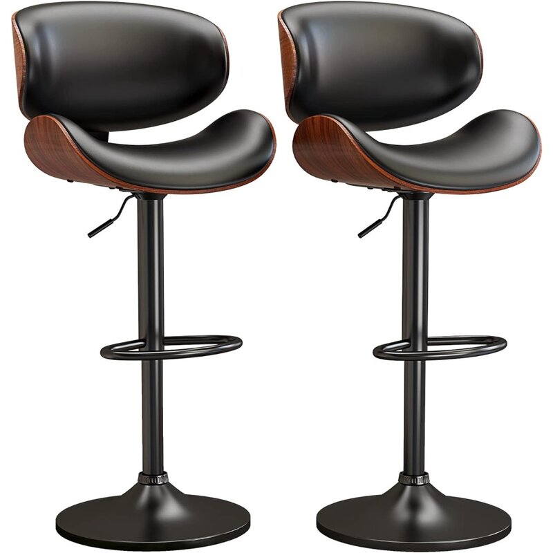 Барный стул набор из 2 предметов, регулируемые барные стулья из бентового дерева, стул с обивкой и спинкой, шарнирный барный стул