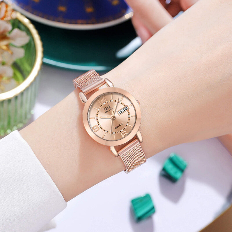 Relógio quartzo feminino com pulseira de aço inoxidável, impermeável, ouro rosa, joia, marca, moda