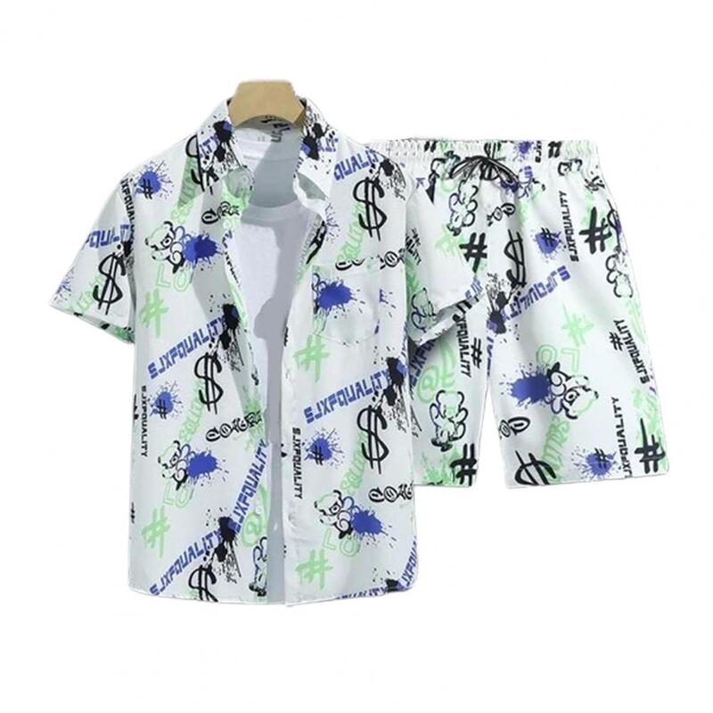 Hawaii Style Casual Outfit Lapel Short Sleeve Single Breasted Shirt Tops Elastic Drawstring Waist Wide Leg Beach Shorts Set
