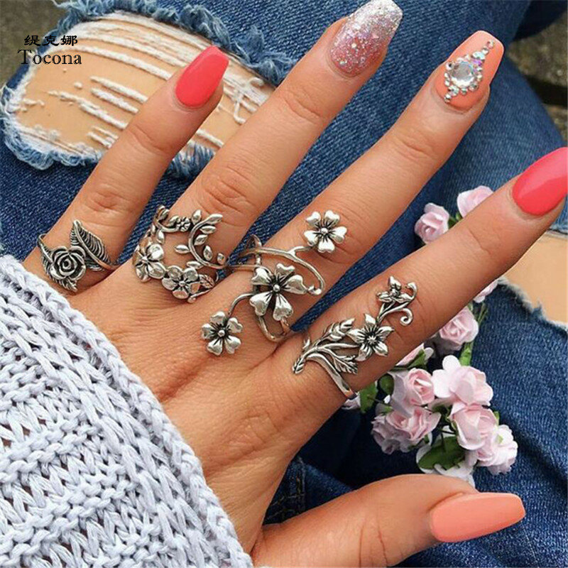 Tocona conjunto de anéis 4 flor rosa boêmio, anéis antigos prateados vintage boêmio estilosos para mulheres 6047