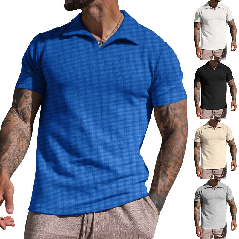 Herren Sommer Revers T-Shirt Herren schwere Waffel übergroße Kurzarm einfarbig lässig V-Ausschnitt Polos hirt ws