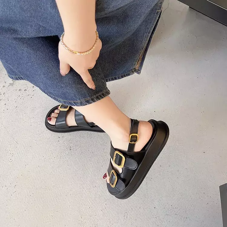 Sandálias de plataforma fivela para mulheres, sapatos Slingback, fundo grosso, plano feminino, uma fivela
