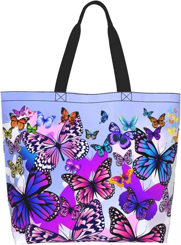 Bolsa de ombro casual para mulheres, sacola de borboletas, bolsa reutilizável para compras e viagens, sacola de supermercado