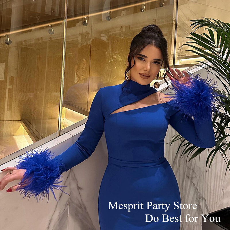 Feathers Long Sleeves Prom Dress High Neck Simple Royal Blue Mermaid Party Gown Floor Length Saudi Evening Dresses New