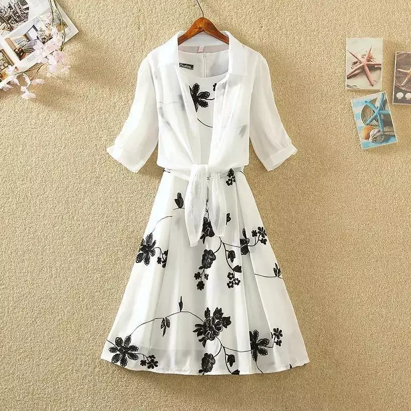 New WOMEN Bow Belt Vintage Elegant Suit Two-piece Dress High Waist Sleeveless Slim A-line Skirt Floral Embroidery White Top