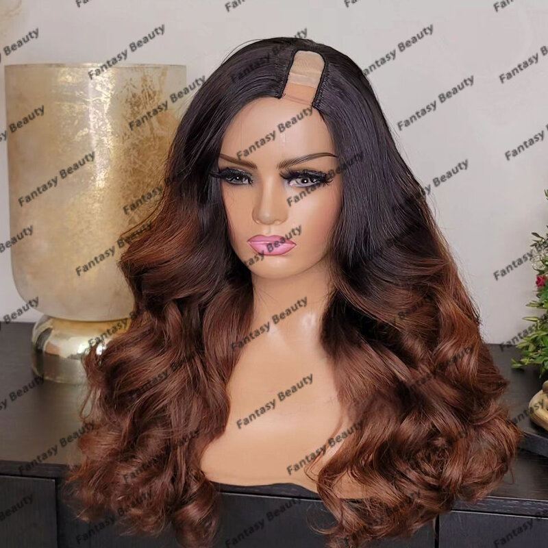 Brazilian Human Hair Opening Middle V Part Wigs for Women Ombre Glueless Body Wave Copper Brown 1x4 Size U Shaped Wigs Remy Hair