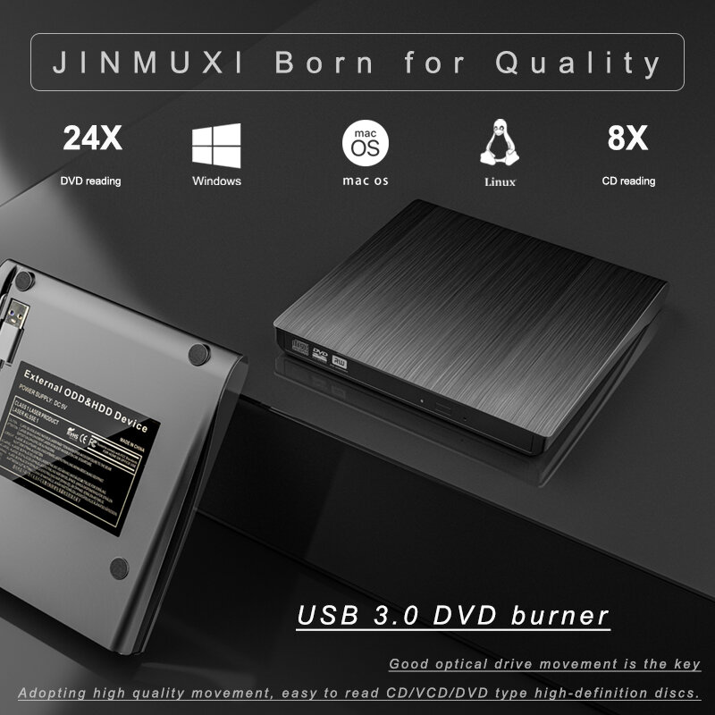 JINMUXI 외장 DVD 드라이브, USB 3.0 C타입 케이블, 휴대용 CD DVD RW 드라이브 라이터, 버너 광학 플레이어, 노트북과 호환 가능