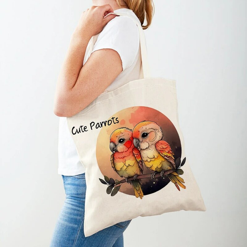 Podwójny nadruk zabawna papuga torba na zakupy dla kobiet na co dzień dziecko prezent dla dziewczynki torba podróżna Cute Cartoon Bird Animal Lady torby na zakupy