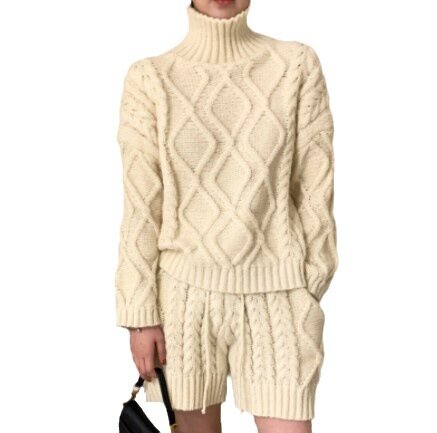 Damski jednolity kolor, w kwadraty sweter z golfem + elastyczne w talii szorty z dzianiny 2023 jesienno-zimowa nowy swobodny 2 zestaw 16 u3937