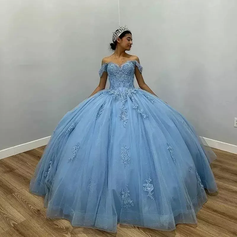 Glittering Blue Princess Quinceanera Dresses Beading Appliques Court Train Ball Gown Vestidos De 15 Anos Formal Prom Party HOT