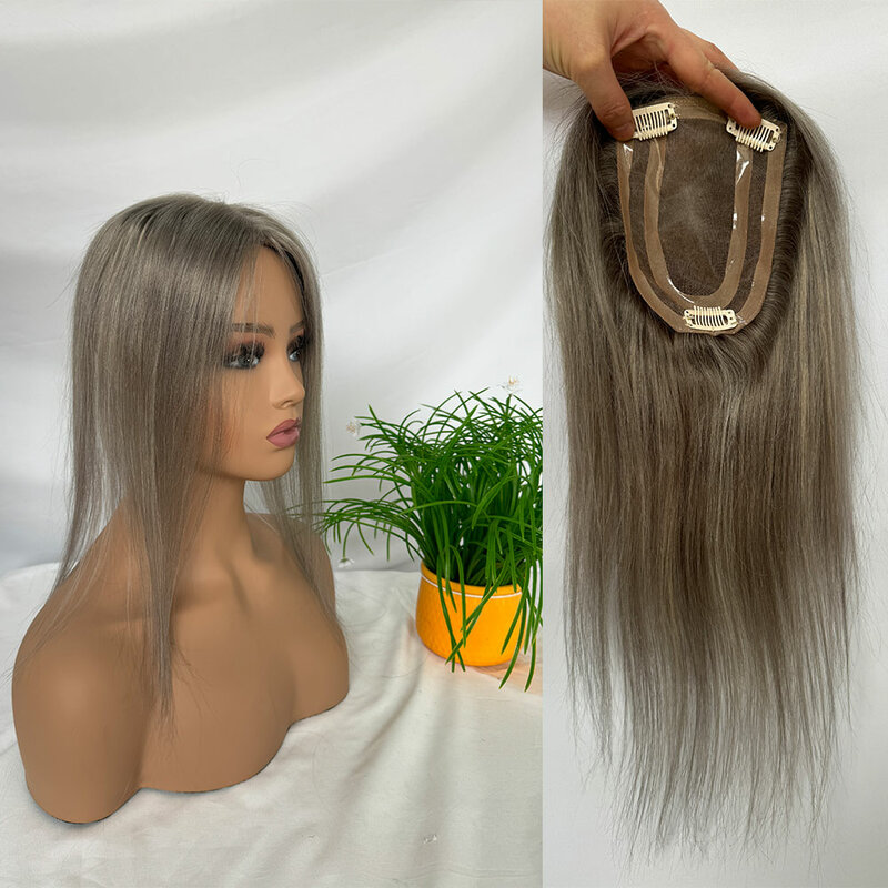 Grey Hair Toppers For Women Real Human Hair 12 Inch Hair Toppers For Thin Hair 4X6 Topper Hair Pieces Clip In Wigs Hair Topper
