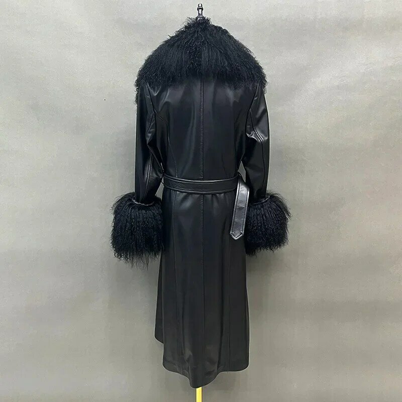 Lady Fashion Streetwear Leather Trench Coat Women's Real Leather Long Jacket Mongolian Fur Collar Overcoat Genuine Sheepskin