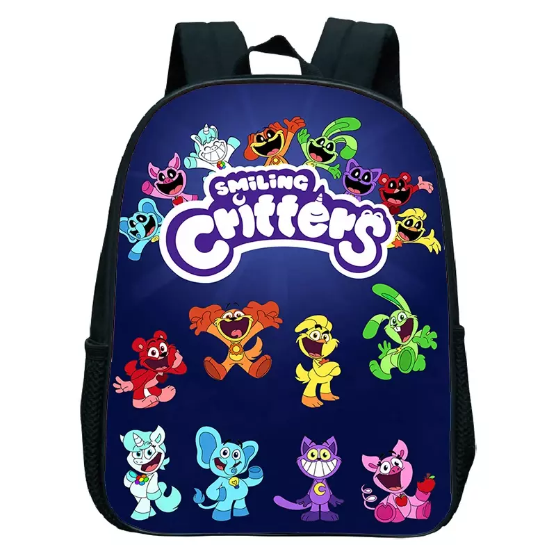 Mochila con estampado 3d de Critters sonrientes para niños, bolso escolar ligero de dibujos animados para jardín de infantes, 12 pulgadas