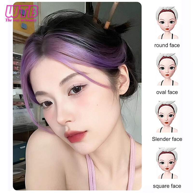 WTB peluca sintética con flequillo, peluca femenina, reflejos rosa/púrpura, cubierta Natural esponjosa, flequillo de pelo blanco, pieza de peluca