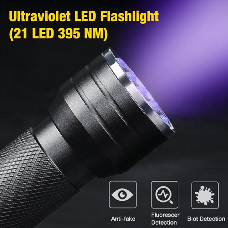 21 led uv ultravioleta lanterna blacklight 395nm mini tocha flash lâmpada para manchas de urina animal estimação portátil preto luz lanternas