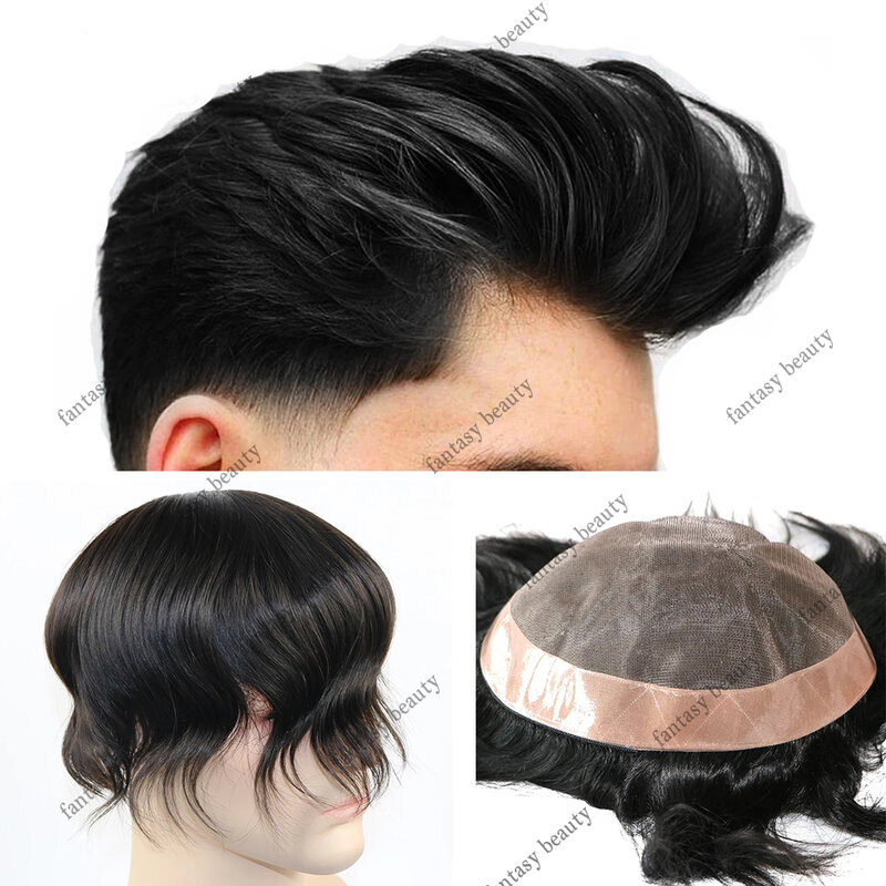 Прочный мужской парик, сменная система волос, тонкая моно-основа и парик из искусственных человеческих волос, натуральные прямые Волнистые мужские парики