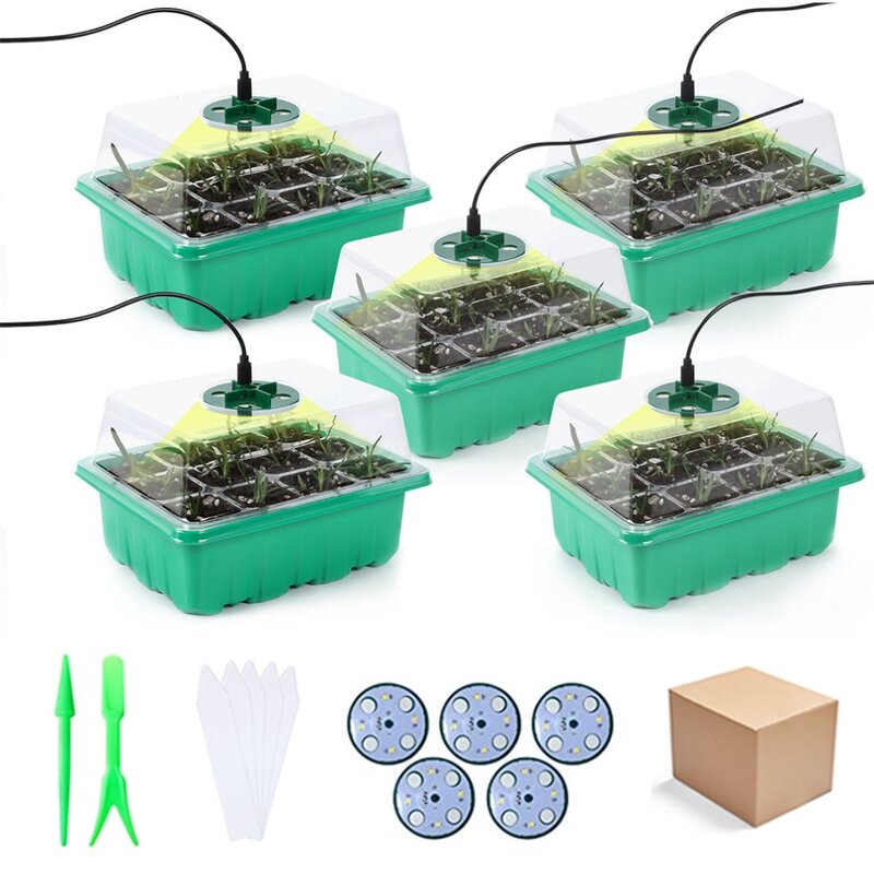 Seed Starter Tray, Heat Mats, Propagação, Brilho ajustável, 12 células, Seed Starter Kit, Crescer a luz, Domos de umidade, Novo, 2022