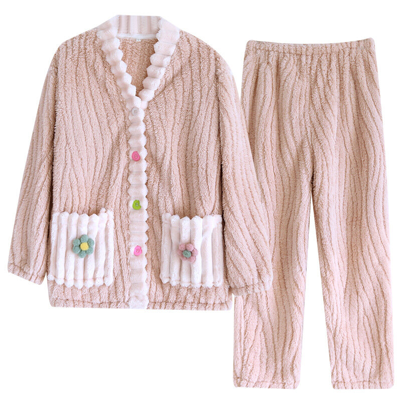 Autumn Winter New Warm Coral Fleece Pajama Set Sleepwear Women Thick Pyjamas Flannel Loose Version Inspissate V Neck Nightwear