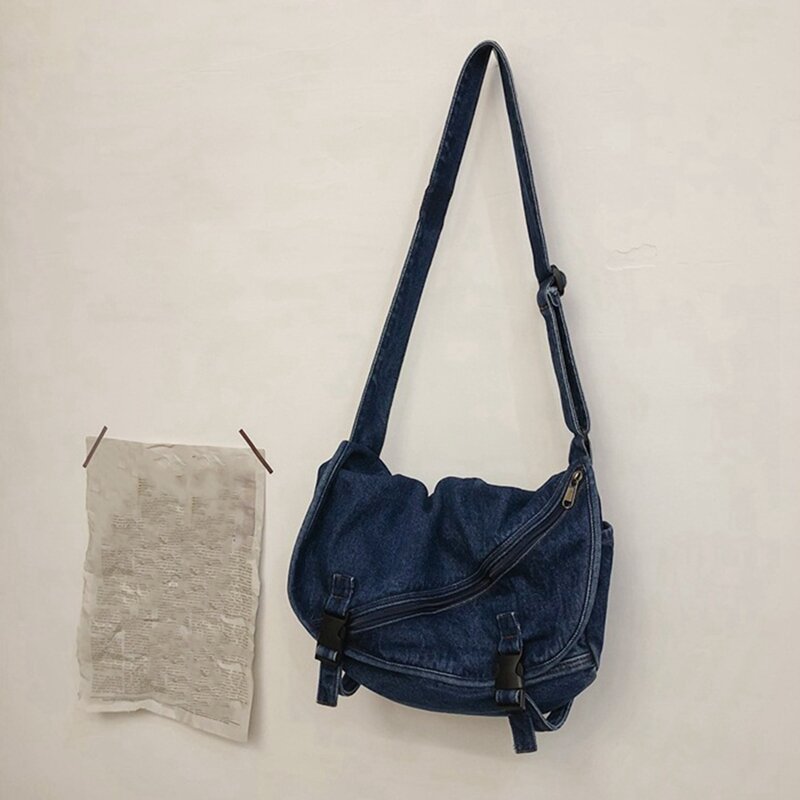 กระเป๋าสะพายไหล่กีฬาสตรีทนักเรียนชายหญิงเครื่องมือผ้าเดนิมฟอกสีกระเป๋าหิ้วชายและหญิงสีน้ำเงินเข้ม