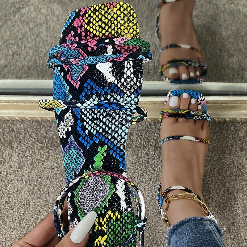Sandales d'été pour femmes, chaussures à la mode, motif peau de serpent, plates et décontractées, lanière à la cheville, grande taille, pantoufles plates, 2022