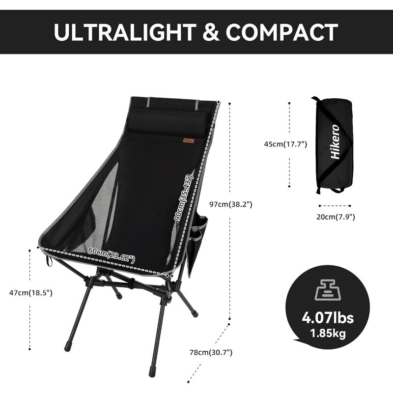 휴대용 하이백 캠핑 의자, 지지대 헤비 듀티, 하이킹용 조절 가능한 베개가 있는 경량 접이식 의자, 440 Lbs