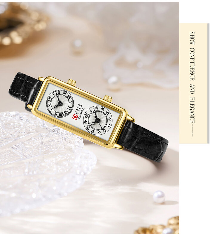 Jam tangan 2 gerakan jam tangan kuarsa wanita mewah jam zona waktu ganda baja tahan karat hitam kulit persegi panjang emas Reloj