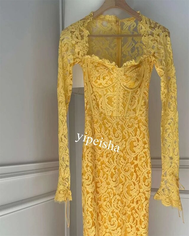 Prom Dress Evening Net Pattern Quinceanera Sheath Square Neck Bespoke Occasion Gown Midi Dresses Saudi Arabia