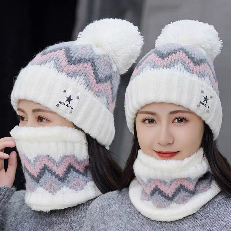 Topi Kupluk Hangat Musim Dingin Syal Cincin Topi Pompom Wanita 2 Buah Topi Rajut Topi Modis Set Syal untuk Naik Salju Luar Ruangan