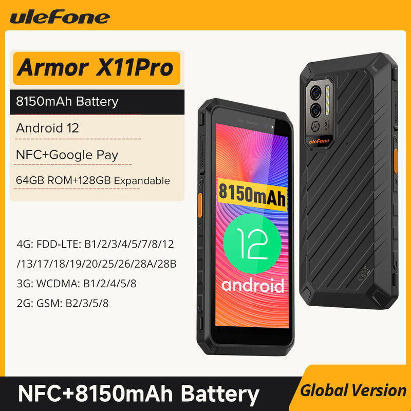 Ulefone – Smartphone Power Armor X11 Pro, téléphone portable robuste, batterie 8150 mAh, ROM 64 go, étanche, NFC, WiFi 2.4G/5G, version globale