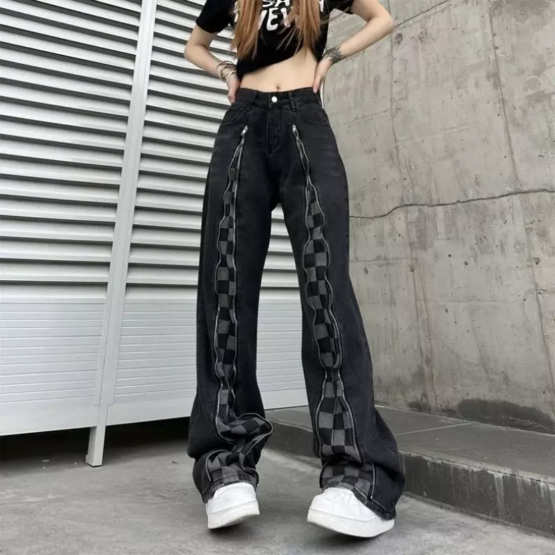 New American Checkered Jeans Women's Fashion Versatile High Waist Slim Loose Straight Leg Casual Pants