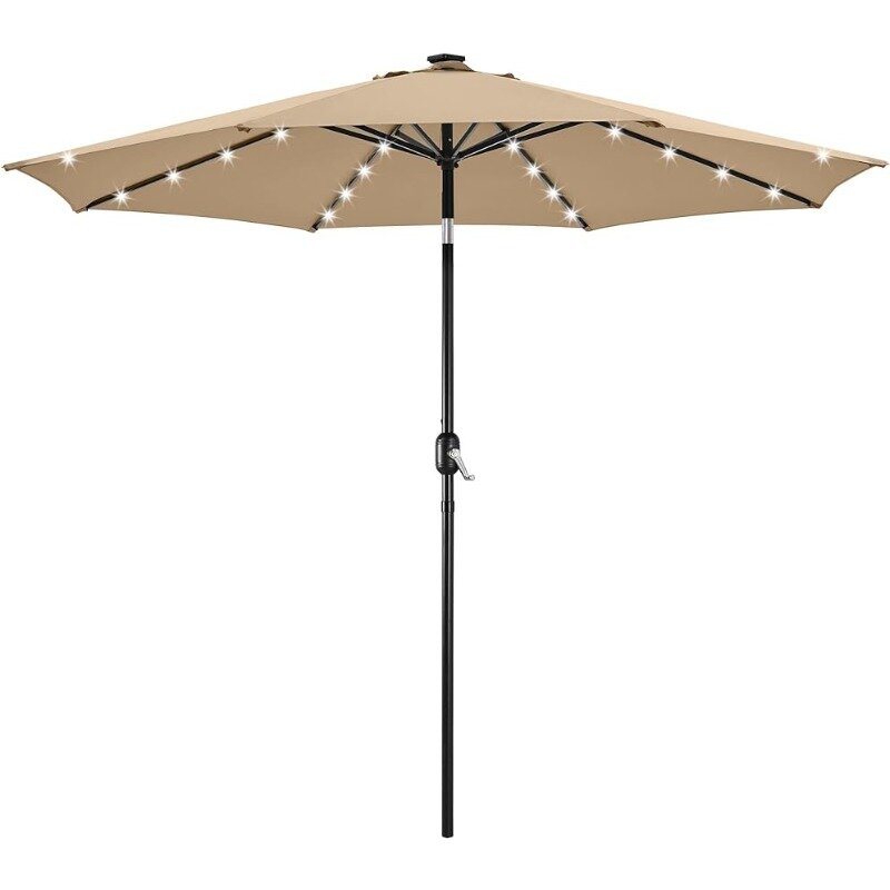 9FT Solar Powered Patio Umbrella - UV Protection Market Table Umbrella w/ 32 LED Lights & Push Button Tilt & Crank Lift System